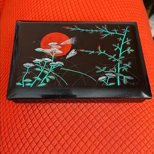 •   Black Lacquer Vanity Trinket Box Hand-Painted Style 7” x 5.5”